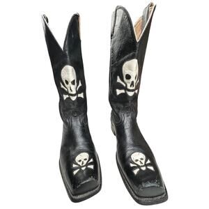 Vintage T.U.K. Leather Skull & Crossbones Cowboy Boots Black Gothic Western